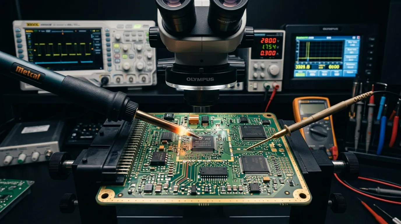 Reparo eletrônico de placa de módulo ECU sob microscópio de precisão